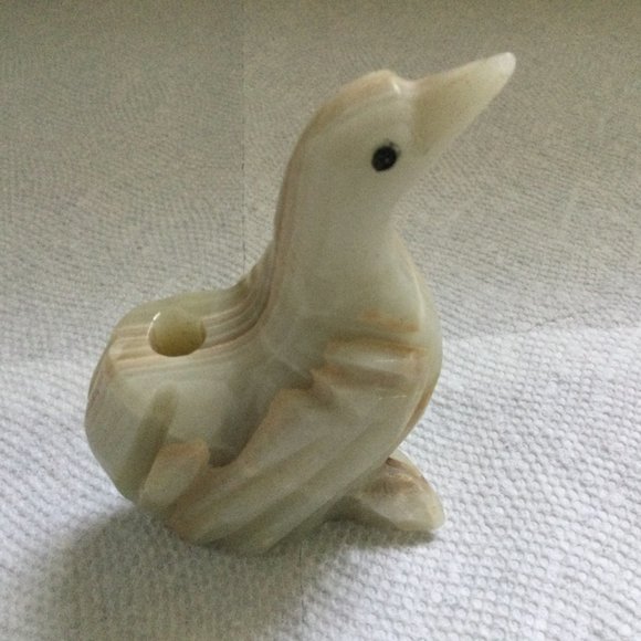 Small carved solid stone bird figurine pen holder onyx green white brown - Picture 2 of 6